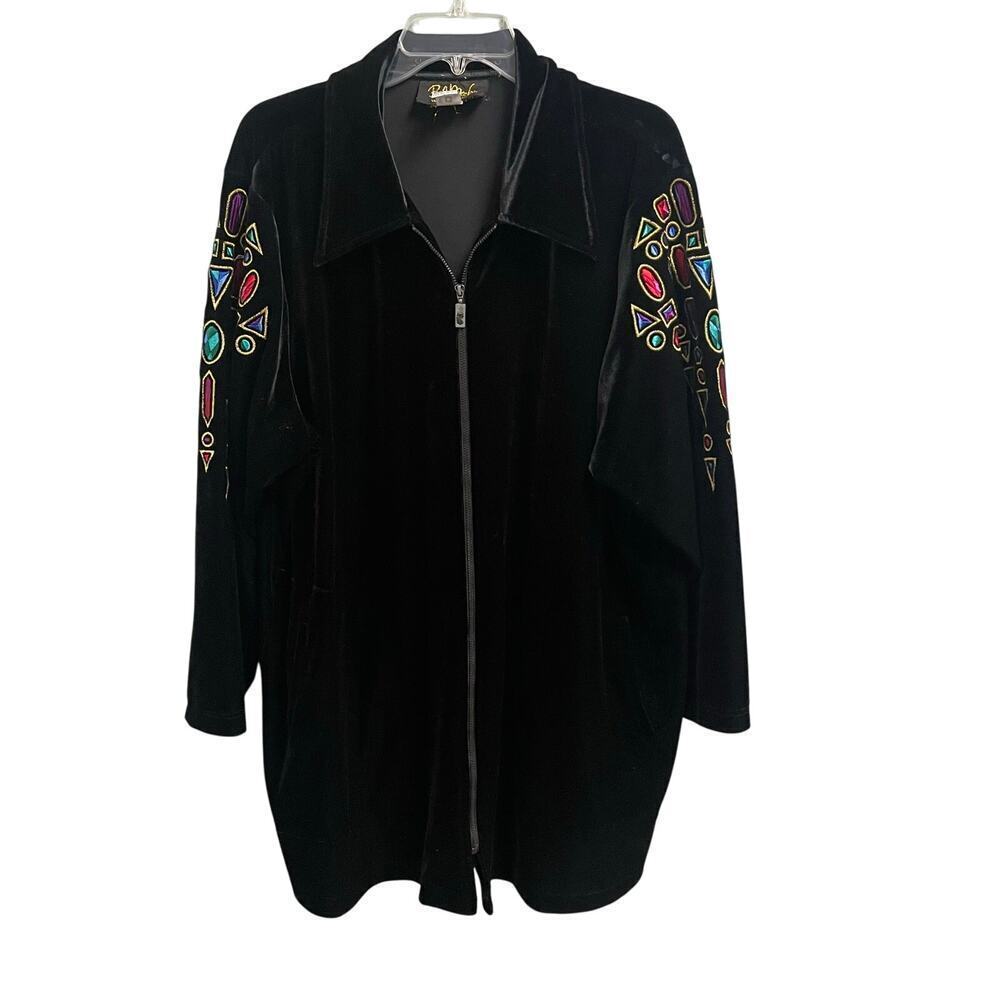 Vintage Bob Mackie Black Velvet Jacket Full Zip 2X Jewels Art To Wear Colorful